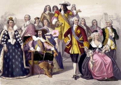 1610 bis 1774. Marie de Medici, Ludwig XIII, Ludwig XV, Marie Antoinette und Ludwig XVI. Gravur des 19. Jahrhunderts. von Unknown artist
