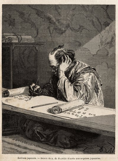 Ein japanischer Schriftsteller an seinem Arbeitstisch, der einen Text auf einer langen Rolle redigiert, die er je nach Fortschritt seiner Aufgabe auf- oder abrollt. Illustration der Reise nach Japan, 1863-1864, von Aime Humbert, Minister der Schweizerisc von Unknown artist