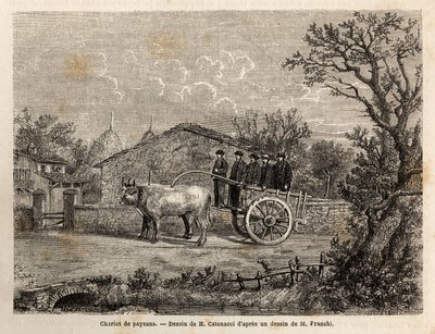 Ein sienesischer Bauernkarren, mit zwei Rädern, für den Transport von Weinfässern, gezogen von einem Paar kleiner weißer Ochsen. Gravur zur Illustration einer Reise nach Siena (Italien) im Jahr 1865, in „Le tour du monde, nouveau journal des voyages“ herau von Unknown artist