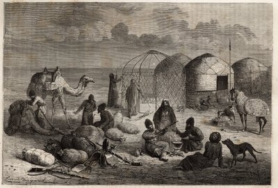 Ein Turkmenenlager im Grenzgebiet von Turkestan und Persien, jedes Zelt, bestehend aus einem Holzgerüst und mit Filz bedeckt, beherbergt eine Familie. Gravur zur Illustration der Geschichte von Henri de Blocqueville „14 mois de captivité chez les turcomans von Unknown artist