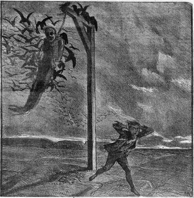 Ein Kind erschrickt beim Anblick eines von Krähen gefressenen Gehängten - Illustration aus „Der lachende Mann“ von Victor Hugo (1802-1885) - Gravur in „Le Journal Illustré“ von Unknown artist