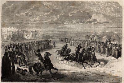 Ein Wettkampf im Ringen mit bloßen Händen und ein Pferderennen unter den Turkmenen, organisiert während der großen öffentlichen Feierlichkeiten, die Renndistanz beträgt einen Kilometer, zwischen drei oder vier Konkurrenten, der Gewinner erhält ein Stück Ba von Unknown artist