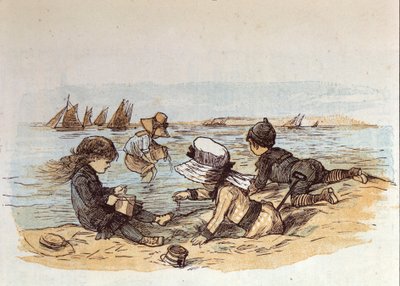 Eine Gruppe von Kindern spielt am Wasser im Sand. 1881 von Unknown artist