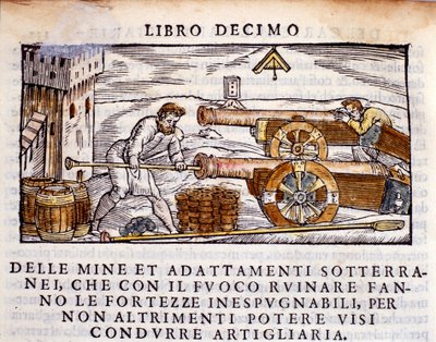 Ein Kanonier lädt eine Kanone mit Sprengstoff. Gravur aus der Metallurgie „De la Pyrotechnia“ (oder Pirotechnia) von Vannoccio Biringuccio (1480-1539) 1550 von Unknown artist