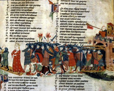 Ein König wird gefangen genommen und von der feindlichen Armee weggeführt, während die Opfer der Schlacht am Boden liegen. Miniatur aus dem „Roman de Troy“ von Benoit de Sainte Maure. 14. Jahrhundert, Biblioteca Marciana, Venedig von Unknown artist