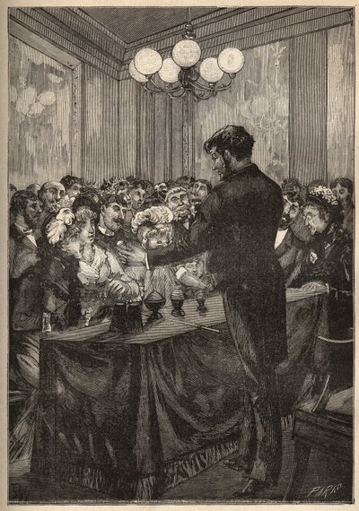 Ein Zauberer benutzt eine Muskatnussdose, um eine Kugel erscheinen und verschwinden zu lassen. Gravur von 1885 in „Les arts et metiers illustres“ von Adolphe BITARD von Unknown artist