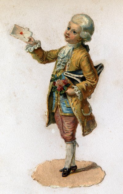 Ein Bote (18. Jahrhundert) trägt einen versiegelten Brief. Chromolithographie um 1890. von Unknown artist