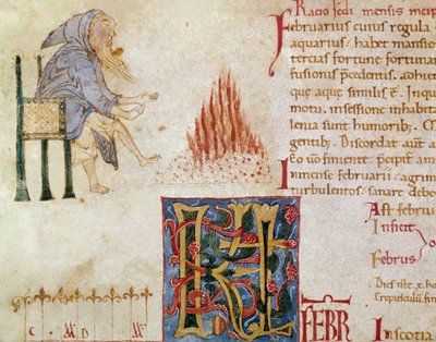 Ein Mönch wärmt seine Füße vor einem Feuer, Monat Februar von Unknown artist