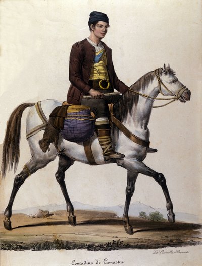 Ein Bauer zu Pferd in der Nähe von Camastra in Sizilien. Gravur des 19. Jahrhunderts von Unknown artist