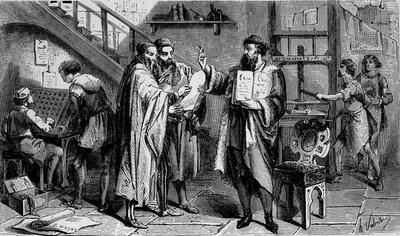 Eine Druckerei im 15. Jahrhundert, Gravur 19. Jahrhundert von Unknown artist