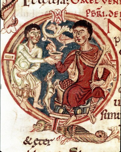 Ein Diener schenkt dem Herrn ein Getränk ein. Miniatur aus dem „Lectionaire de la Cathedrale de Reims“ 11. Jahrhundert Reims, Stadtbibliothek von Unknown artist