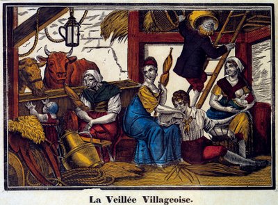 Ein Dorf bei Nacht: eine Bauernfamilie in einer Scheune. Gravur des 19. Jahrhunderts. Paris, B.N. von Unknown artist