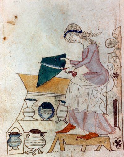 Eine junge Frau schärft ein Messer. Miniatur aus einem provenzalischen Manuskript „Dis des philosophes“ von Unknown artist