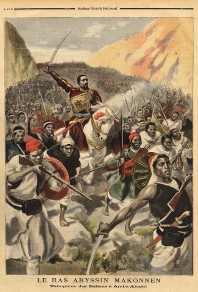 Abessinischer Ras Ras Makonnen (Mekonnen Welde Mikael) (Abba Qagnew) (1852-1906), Kriegsherr und rechte Hand von Kaiser Menelik II. (1844-1913), mit seinen Truppen, Sieger von Amba Alaghi, der italienischen Armee unter dem Kommando von Major Toselli. Gravu von Unknown artist