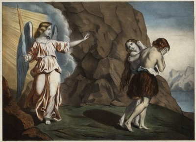 Adam und Eva werden aus dem Paradies vertrieben. Anonyme Gravur aus der Mitte des 19. Jahrhunderts. von Unknown artist