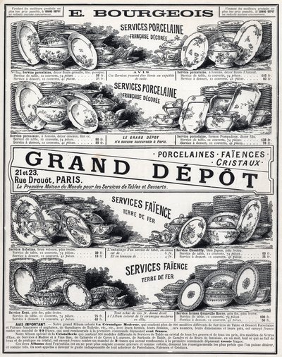Werbung von 1889 für „La Céramique Moderne von Le Grand Dépôt De Porcelaines, Faïences Et Verreries Bourgeois in Paris“ von Unknown artist