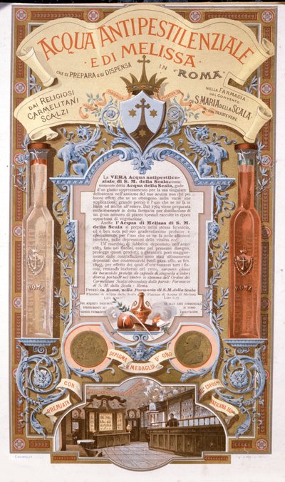 Werbung für duftendes Wasser: Wasser gegen Zitronenmelissenpest. Chromolithographie von 1895 von Unknown artist