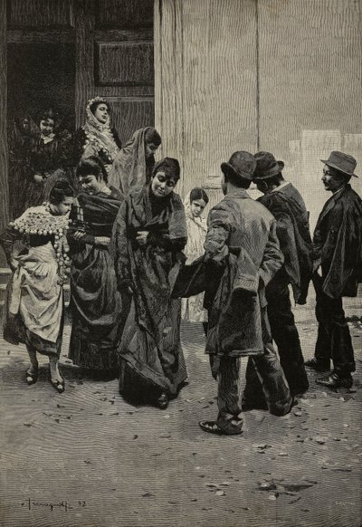 Nach der Messe, Gravur von Sabbatini nach einem Gemälde von Arnaldo Ferraguti aus L