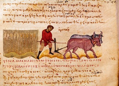 Landwirtschaft: Pflügszene. Miniatur aus „Die Cynegetik“ von Oppian von Syrien, gewidmet Caracalla von Unknown artist