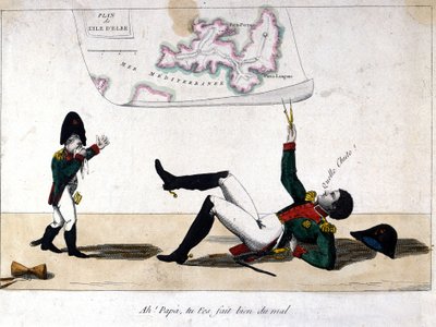 Ah, Papa, du hast dich verletzt. Karikatur über das Exil von Napoleon Bonaparte auf der Insel Elba. von Unknown artist