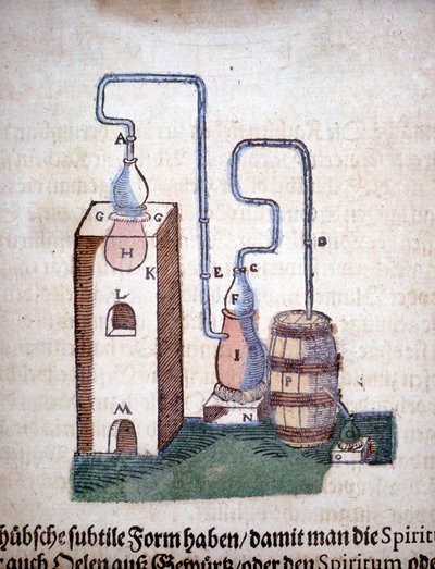 Alchemie: Apparatur zur Destillation, aus einem Buch von Pietro Andrea Mattioli (Matthiole) (1500-1577). Frankfurt von Unknown artist