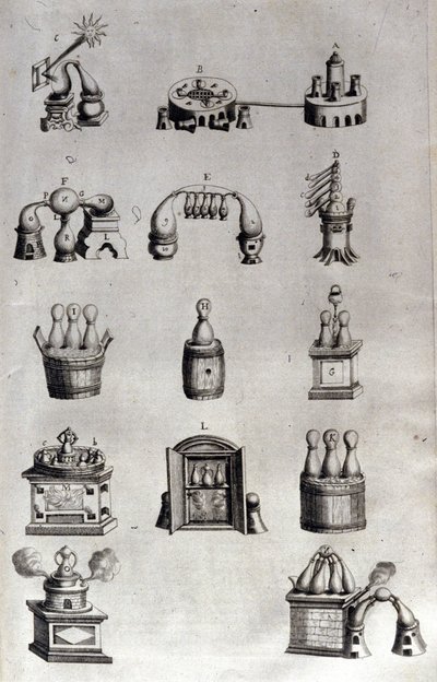 Alchemie: Tafel mit verschiedenen Modellen von Destillationsapparaten und Brennblasen. Athanase Kircher (oder Athanasius Kircheri 1602-1680), deutscher Jesuit. Gravur des 17. Jahrhunderts. von Unknown artist