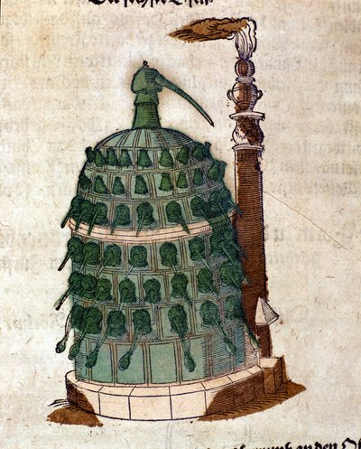 Alchemie: der Athanor-Ofen, Gravur aus einem Buch von Pietro Andrea Mattioli (Matthiole) (1500-1577). Frankfurt von Unknown artist