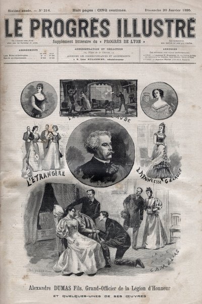 Alexandre Dumas Jr. - Großoffizier der Ehrenlegion und einige seiner Werke - Gravur in „Le Progres illustré“ von 1895 von Unknown artist