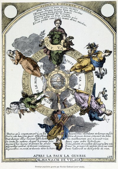Almanach de vilage „Nach dem Krieg, Frieden, nach dem Frieden, Krieg“: Schrank gehalten auf dem Land und entworfen in einem Sinn von sanfter Philosophie, um in den Massen den Geist der Resignation angesichts der Nöte der Zeit zu wecken - 17. Jahrhundert von Unknown artist