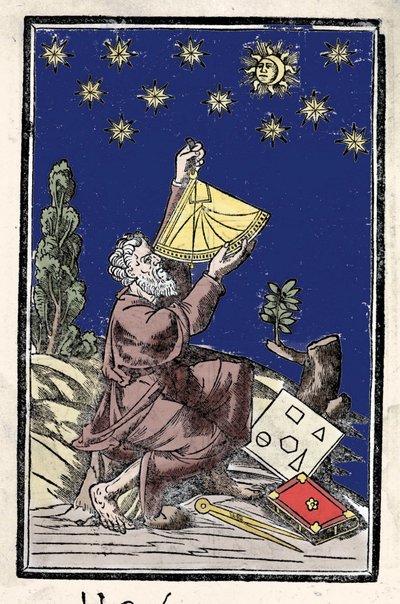 Ein Astronom, der während einer Sonnenfinsternis Berechnungen mit einem Sextanten durchführt. Gravur aus dem 16. Jahrhundert von Unknown artist