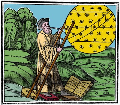 Ein Astronom stellt eine Leiter auf, um in den Himmel zu steigen. von Unknown artist