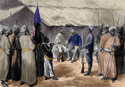 Ein Treffen zwischen David Livingstone (1813-1873), einem englischen Missionar und Afrikaforscher, und Henry Morton Stanley, walisischer Journalist und Afrikaforscher (1841-1904) in einem Dorf in Zentralafrika. von Unknown artist