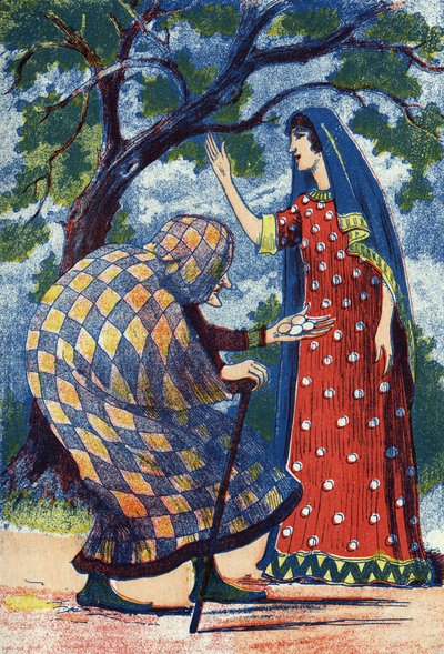 Eine alte Dame gibt Florine vier Eier. Anonyme Illustration zu „Der blaue Vogel“ von Madame d