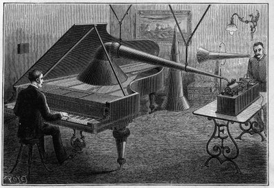 Apparat zur Aufnahme eines Klavierstücks durch den Phonographen, eine Erfindung von Thomas Alva Edison (1847-1931). Gravur in „La Nature. Revue des sciences et de ses applications aux arts et à l