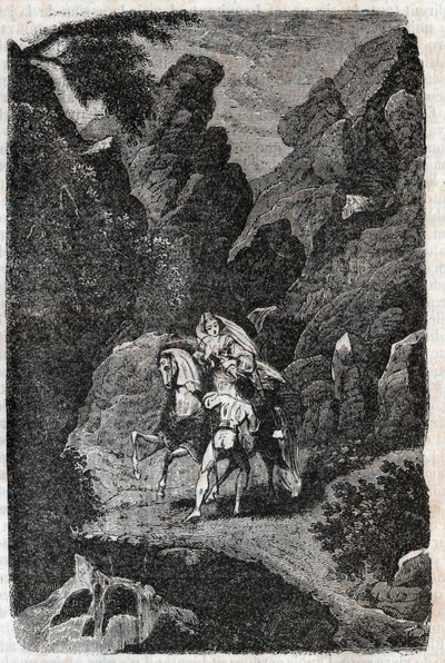 Argie wird auf Befehl seines Bräutigams angegriffen - Gravur von 1851 aus „Roland der Rasende“ (Orlando furioso) (16. Jahrhundert) von Ludovico Ariosto, bekannt als der Ariosta - Ausgabe, übersetzt aus dem Italienischen von Graf von Tressan und veröffentli von Unknown artist