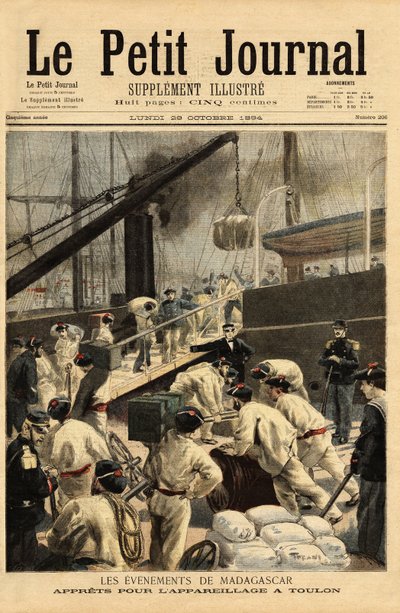 Bewaffnung in Toulon der Kreuzer Dupetit-Thouars und Laperouse und Einschiffung von 15.000 Truppen für eine Expedition nach Madagaskar von Unknown artist