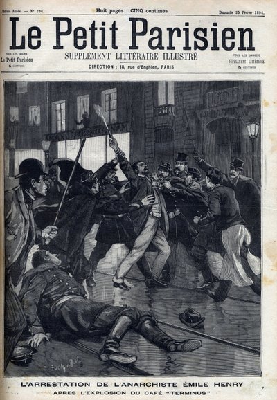 Verhaftung des Anarchisten Emile Henry (1872-1894) nach der Explosion des Cafés „Terminus“ in Paris. Gravur in „Le Parisien“ von Unknown artist