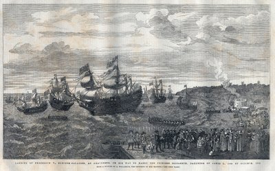 Ankunft von Friedrich V. von der Pfalz (1596-1632) im Hafen von Gravesend zur Heirat mit Prinzessin Elisabeth von England (1596-1662), Tochter von König James I. (1566-1625) am 16. Oktober 1612. Er wurde von James Hay (1. Earl of Carlisle) empfangen. von Unknown artist
