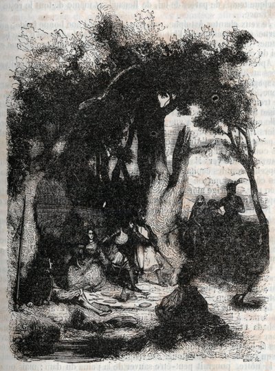 Ankunft von Rodomont und Mandricard am Brunnen von Merlin - Gravur von 1851 aus „Roland furieux“ (Orlando furioso) (16. Jahrhundert) von Ludovico Ariosto, bekannt als der Ariosta - Ausgabe übersetzt aus dem Italienischen von Graf von Tressan und veröffentl von Unknown artist