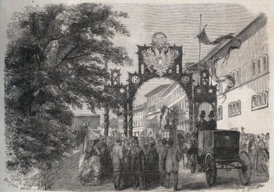 Ankunft der Kaiserin Elisabeth von Österreich (Sissi) in Bad Kissingen (Kurort) im Jahr 1865 - Gravur in „The Illustrous World“ von 1865 von Unknown artist