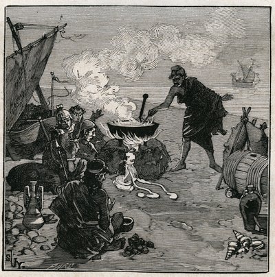 Die Kunst des Glases: Entdeckung der Vitrifikation nach Plinius dem Älteren (23-79 n. Chr.). In der Antike scheiterten Händler an einem Strandfeuer mit Kali-Pflanzen unter den Brennstoffen. Diese Pflanzen liefern genug Soda, um Glas durch Mischen mit Sand  von Unknown artist