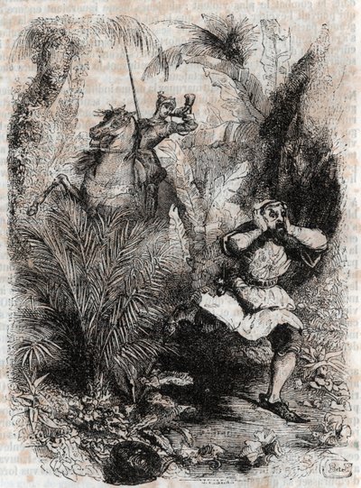 Astolphe lässt Caligorant fliehen - Gravur von 1851 aus „Furioser Roland“ (Orlando furioso) (16. Jahrhundert) von Ludovico Ariosto, bekannt als der Ariosta - Ausgabe übersetzt aus dem Italienischen von Graf von Tressan und veröffentlicht von Gustave Harvar von Unknown artist