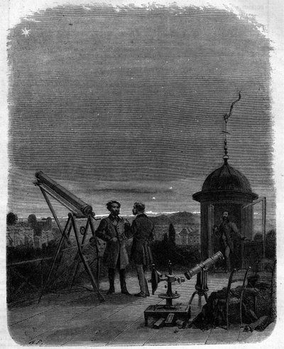 Astronomen beobachten mit ihren astronomischen Gläsern den Planeten Merkur am Himmel von Paris, 17. Februar von Unknown artist