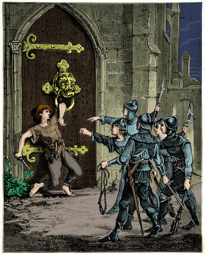 Asylring. Ein großer Eisenring mit einem Tierkopf an der Tür der Kirchen diente Verbrechern, die das Asylrecht beanspruchten, die Gerechtigkeit hörte auf, als er in den Ring gejagt wurde. von Unknown artist