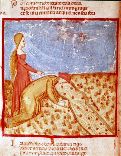 Am Eingang des Paradieses trifft Dante Mathelda und trinkt Wasser aus dem Eunoe-Fluss, das die Erinnerung an gute Taten stärkt. Illustrierte Seite eines Gesangs des Paradieses aus der „Divina Commedia“ von Dante Alighieri (1265-1321). 14. Jahrhundert von Unknown artist