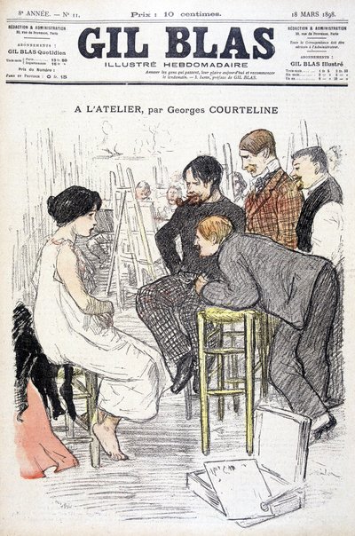 Im Atelier von Georges Courteline. Mann beobachtet eine Frau, die in einem Atelier posiert. In „Gil Blas“, am 18.03.1898 von Unknown artist