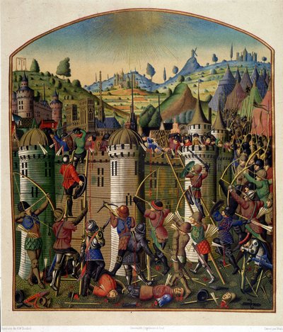 Angriff auf das Schloss von Philippe Auguste mit Blick auf Paris und die Montfaucon-Galgen während des 100-jährigen Krieges, Mitte des 15. Jahrhunderts von Unknown artist