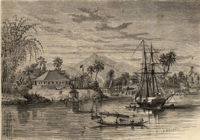 Bangalow, Haus von Sir James Brooke, bekannt als der Rajah von Sarawak (1803-1868), britischer Abenteurer, erster weißer Rajah von Sarawak in der Nähe von Sarawak (Borneo). Gravur in „Le Monde illustrious“ von 1857. Private Sammlung. von Unknown artist