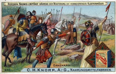 Barbareninvasionen - Während der Truppeninspektion empfängt Herzogin Hadwig die Mönche, die im Hintergrund herannahen. von Unknown artist