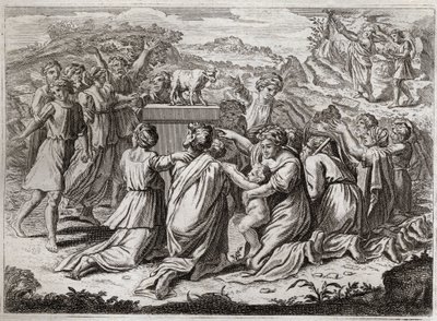 Bibel von Royaumont, Altes Testament: Anbetung des Goldenen Kalbs. Mose sieht die Hebräer und das goldene Kalb und zerbricht die Gesetzestafeln. Illustration von 1811. von Unknown artist